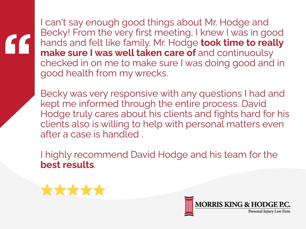 A 5-star client testimonial for our attorneys at Morris, King & Hodge, P.C.