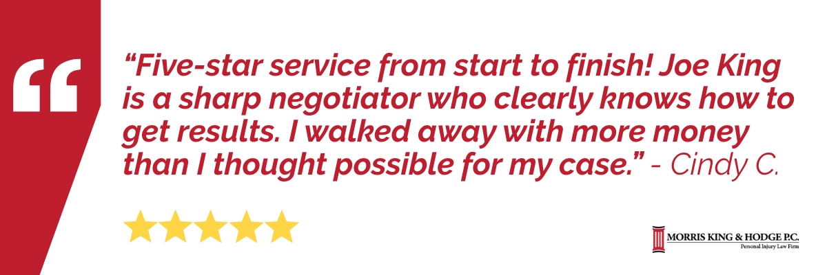 Client Review: Five-star service from start to finish! Joe King is a sharp negotiator who clearly knows how to get results. I walked away with more money than I thought possible for my case. 