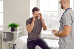 man holding his head in pain at the doctors office
