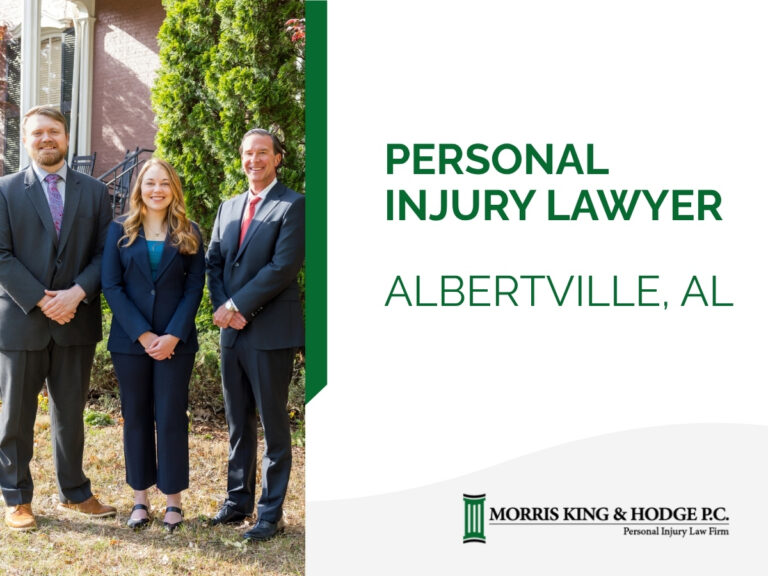 Foster Gregory (left), Amanda West (middle), and Joe A. King, Jr. (right) personal injury attorneys at Morris, King and Hodge, P.C., Albertville, AL